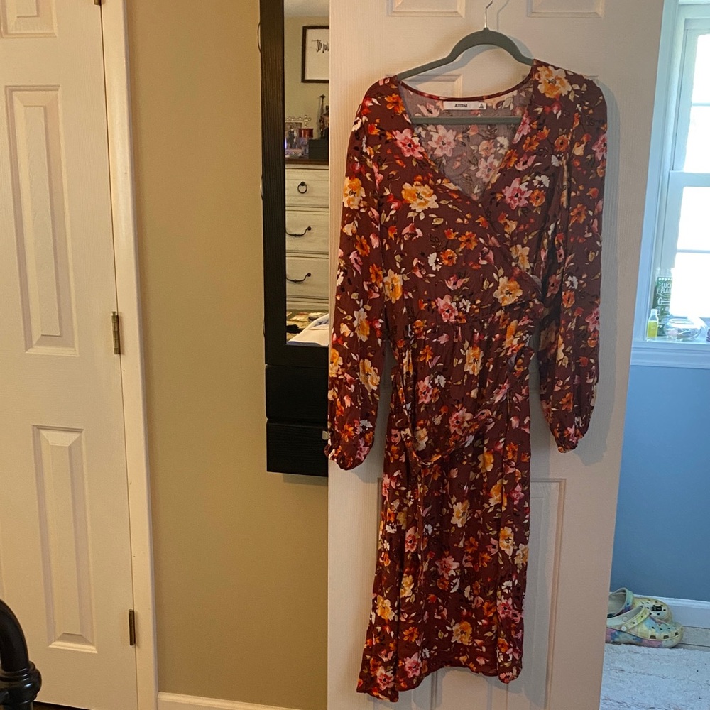 JustFab Burgundy Floral Long Sleeve Dress